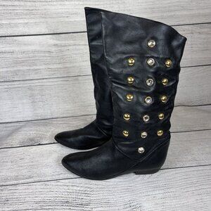 Vintage 80s Flat Black Soft Leather Slouchy Studded Boots Mid Calf Sz 7.5